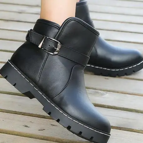 

Round Toe Shoes Square Heels BuckleStrap Short Plush Ankle Boots Short Boots .