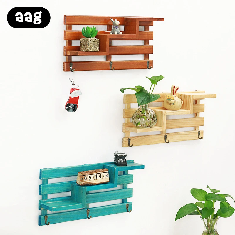 

Vintage wooden wall shelf Holder Wall Mounted three layers storage rack with Hooks for Home Living Room Bedroom Decorations