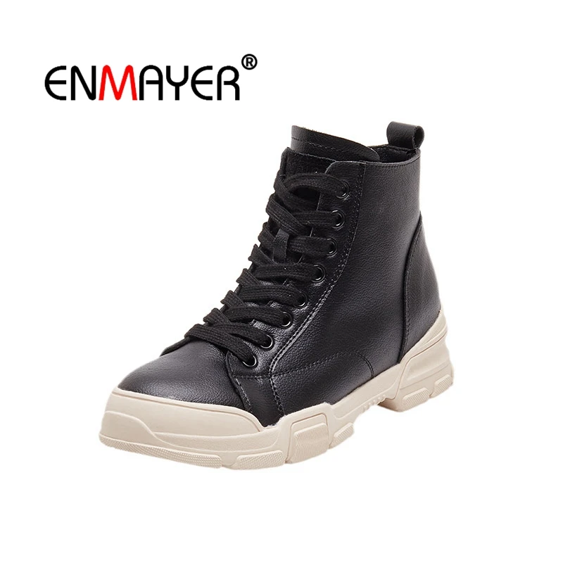 

ENMAYER Woman Ankle boots Winter Causal Round toe Real Leather Fashion boots Lace up High heels Round toe Shoes women CR1986