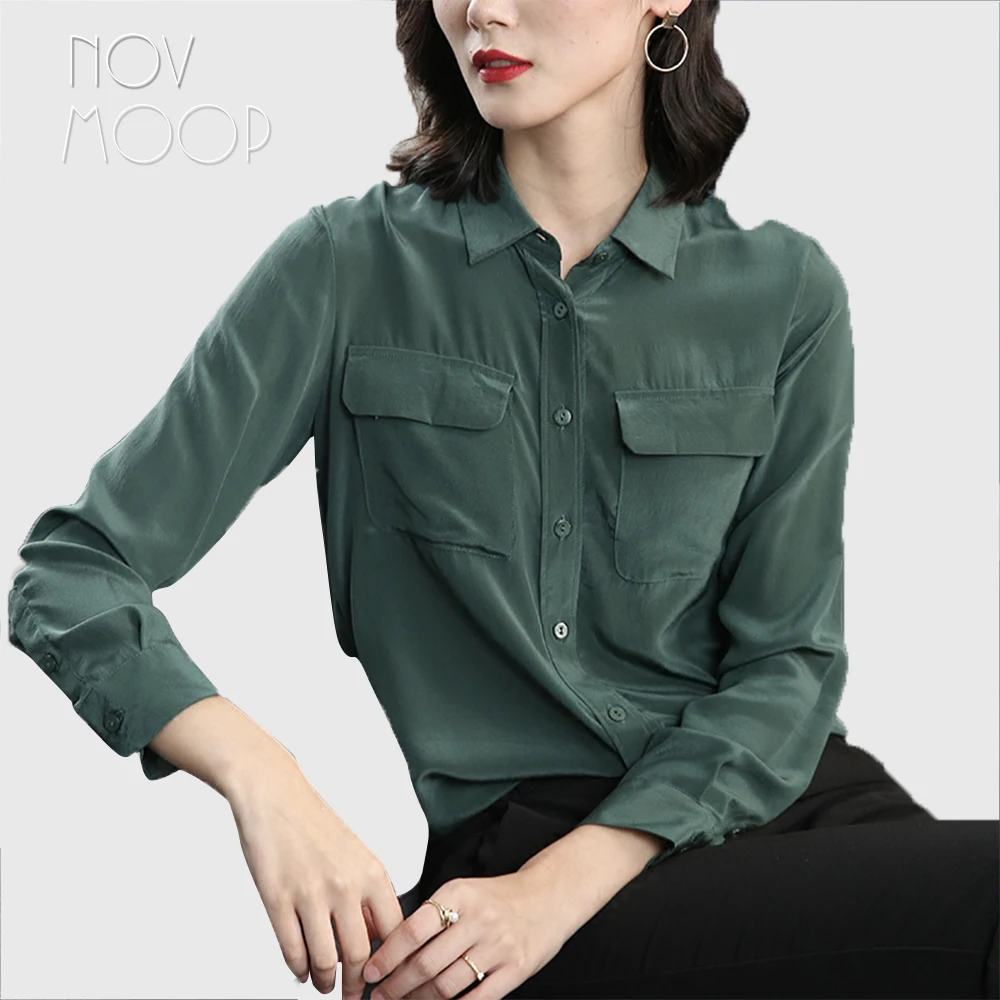 Vintage style elegant ladies natural silk tops and blouses sexy summer dark green silk shirt