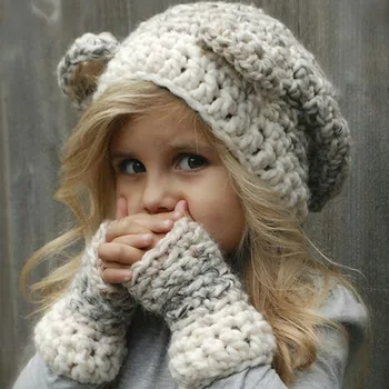 

Autumn Winter 2-8 Years Old Children Hat Knitting Wool Warm Kid Boys Girls Gloves&Cap Cartoon Bear Ear Child Bomber Hats