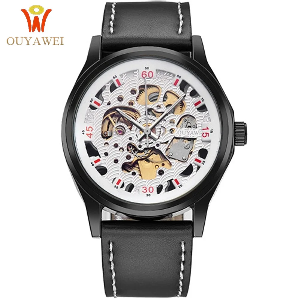 

New OUYAWEI Man Automatic Mechanical Watch Men Leather Band Analog Watch Fashion Wristwatches Relogio Masculino Skeleton Watch