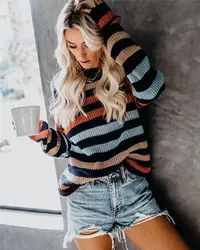 Вязаный женский свитер 2019 новый модный осенний свободный полый полосатый разноцветный женский s свитер пуловеры женские s Повседневные
