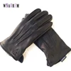 Guantes de piel de venado de imitación para hombre, manoplas suaves y cálidas, diseño de tres líneas, para el pelo de oveja, color negro, novedad ► Foto 1/5