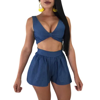 

Spring Summer Women Two Piece Set Top and Pants Sexy Denim V Neck Elastic Tops Elastic Waist Shorts Plus Size Casual Tracksuit