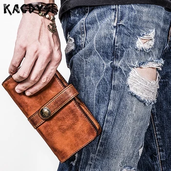 

KACDYSI Designer Vintage Long Men Card Cash Wallet Genuine Cow Leather High Quality Man Wallet Leather Tanned Large Clutch Purse
