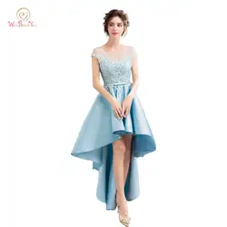 Синий; Vestidos Para Graduacion платье для выпускного вечера 2019 Sheer Кружева атласная короткое спереди и длинное сзади с карманом вечерние платья