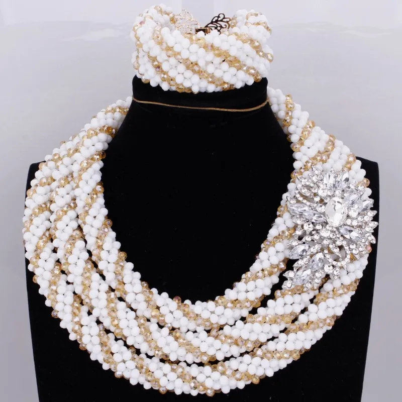 Fashion African Beads Jewelry Set White and Gold 3 Layers Crystal Statement Nigerian For Women Free Shipping 2018 | Украшения и