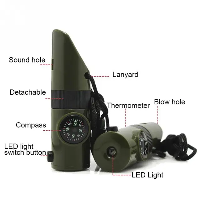 7 in 1 Mini SOS Survival Kit Camping Survival Whistle With Compass Thermometer Flashlight Magnifier Tools Outdoor Hiking