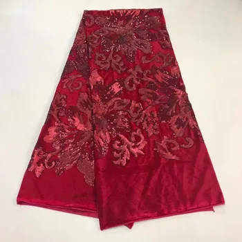 

2018 high quality French sequence sequins net lace,African velvet tulle mesh sequence lace fabric for party dress 5yards/lot Red