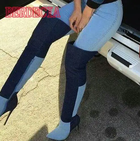 Light/Dark Blue Denim Patchwork Women Over The Knee Boots Sexy Point Toe Ladies High Heel Boots Zipper Side Spring Fashion Boots