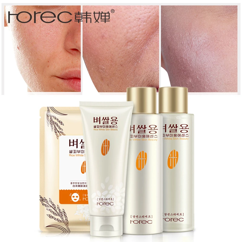 ROREC 4PCS White Rice Skin Care Kits Treatment sets Face Cleanser