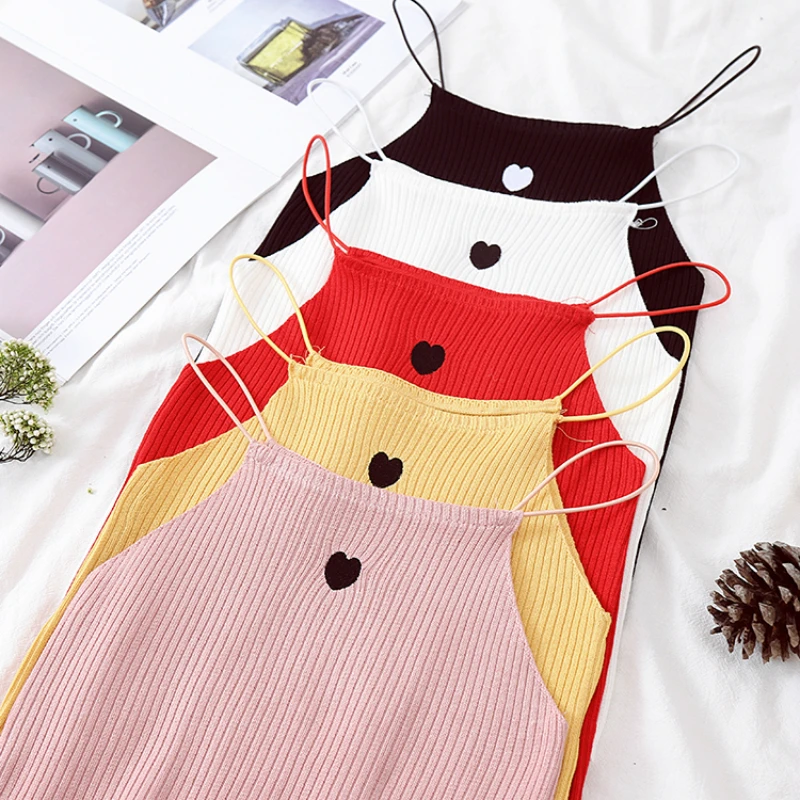 

Sweet Cute Love Embroidery Women Tank Tops Chic Sling Candy Color Slim Knitted Women Camis Cotton Elastic Sleeveless Sexy Tops