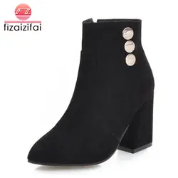 FizaiZifai Для женщин Зимние ботильоны на высоком каблуке теплые ботинки на меху, на молнии Женская мода с заклепками острый носок полусапожки
