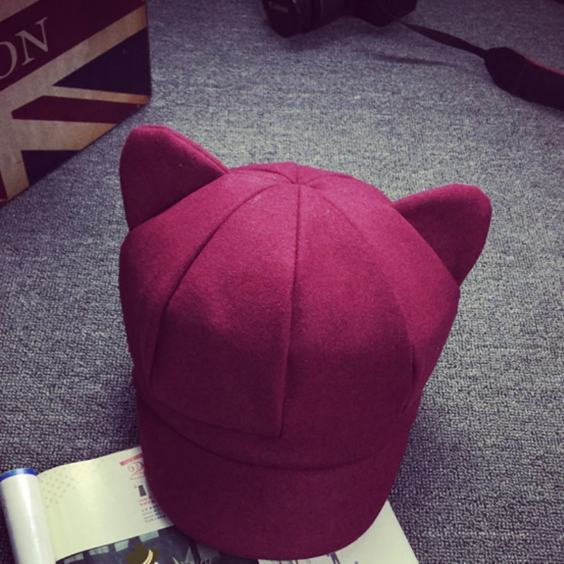 Korea Fashion Cat Ear Octagonal Cap for Women Solid Plain Woolen Felt Cap Autumn Winter Artist Painter Beret Hat