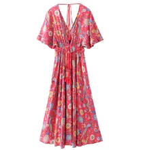 Vestido длинное платье с цветочным принтом в стиле ретро чешские Макси сексуальное платье этническом глубокий v-образным вырезом Цветочный принт Пляжные наряды Boho Хиппи Халат