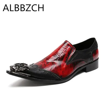 

New mens fashion red patchwork genuine leather wedding shoes men loafers pointed toe slip on luxury brand design dress shoes 46