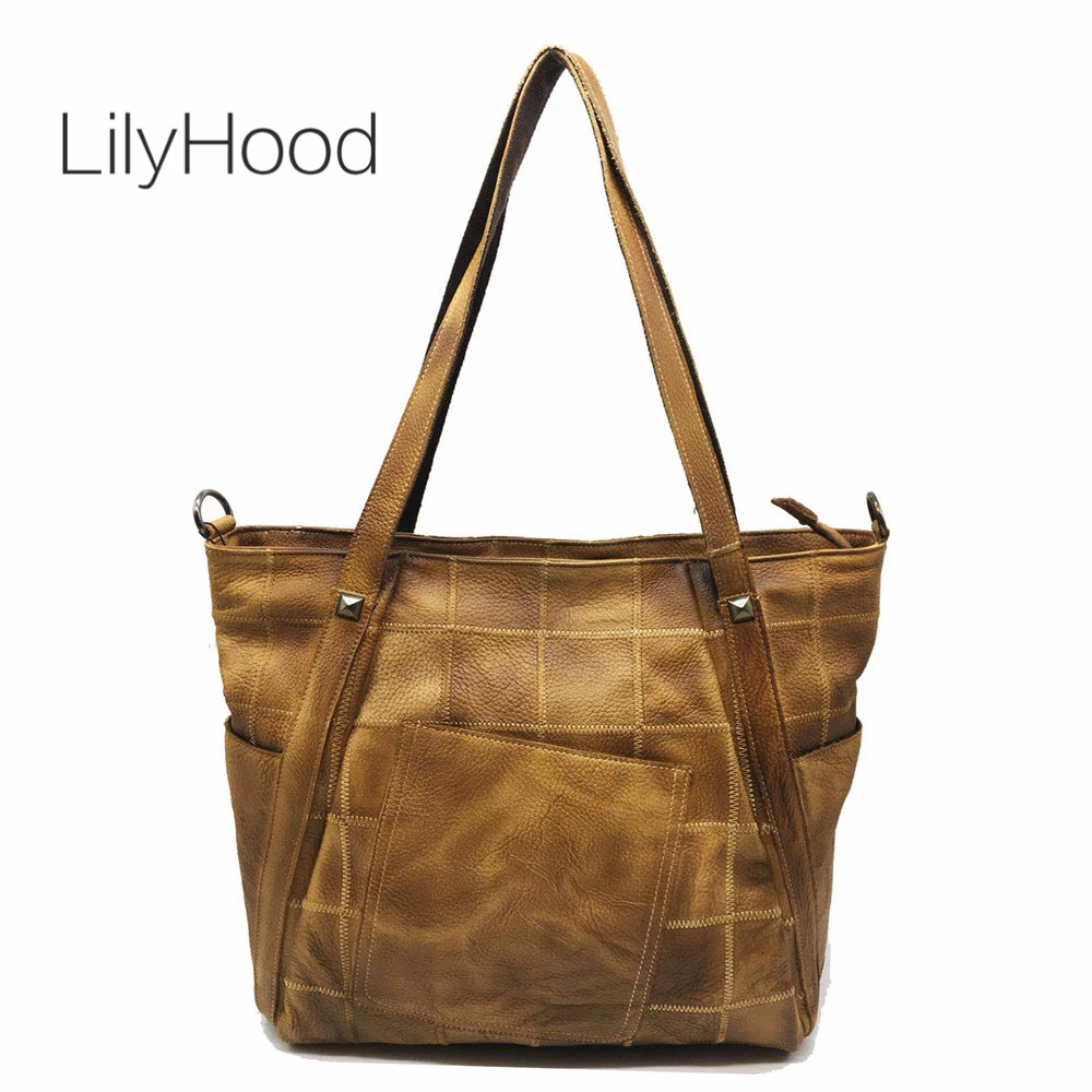 

Genuine Leather Top-handle Bag Women Vintage Cowhide Brushed-off Leather Tote Bag Female Retro Natural Leather Messenger Bag