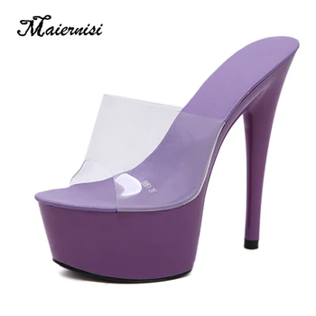 

MAIERNISI Sexy Slippers Shoes Woman Red Platform Sandals Crystal Heels 15cm Fashion Flip Flop Sexy Big Yards Slipper 34-42