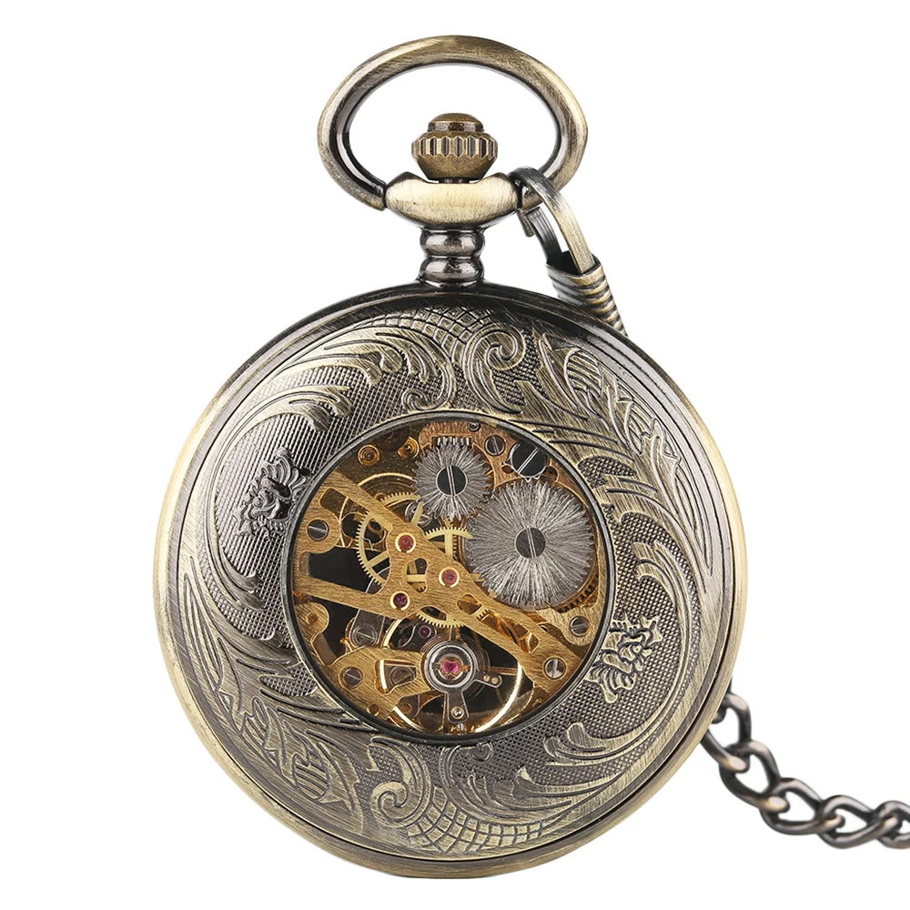 Carving Circle Flowers Pendant Pocket Watch Mens Steampunk Bronze Hand Winding Mechanical Watches Skeleton Hand Around Clock1 (12)