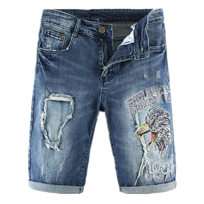 ABOORUN New Mens Denim Shorts Distressed Embroidery Ripped Jeans Shorts