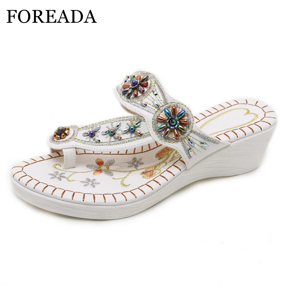 

FOREADA Women Shoes Summer Flip Flops Flower Wedges Heels Slides Bohemia Crystal Open Toe Slippers Ladies Sandals Size 5-10