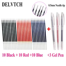 DELVTCH 0.5mm 30PCS Needle tip Gel Ink Pen Refill Rod & 3pcs Gel Pen Office School Student Signature Supplies Blue/Red/Black Ink 4pcs lot office supplies hearts pencils pen colored pen gel ink pen multi color signature pen painting supplies student specific