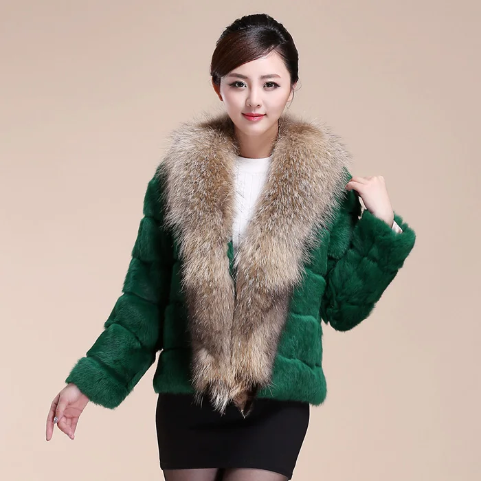 Large natural raccoon dog fur collar women's whole skin real rabbit fur coat outerwear ladies full sleeve fur jackets and coats