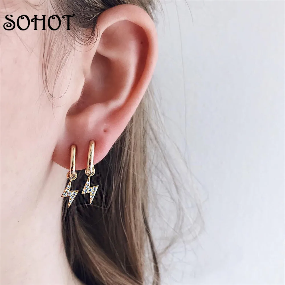 SOHOT New Luxury Temperament Women Gold Color Hoop Earrings Creative Crystal Lightning Shape Party Jewelry Brincos | Украшения и