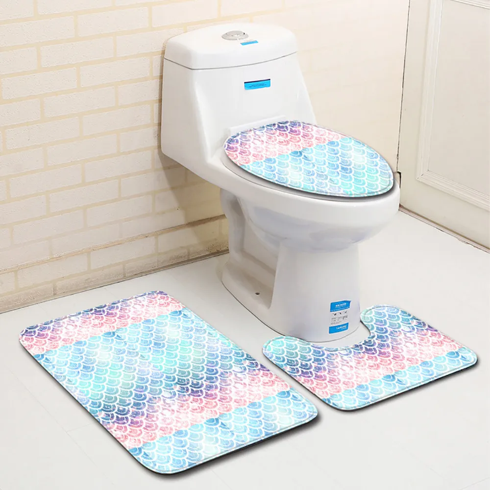 3Pcs Soft Anti-Slip Home Stone Pattern Bathroom Set Rug Contour Mat Toilet Lid