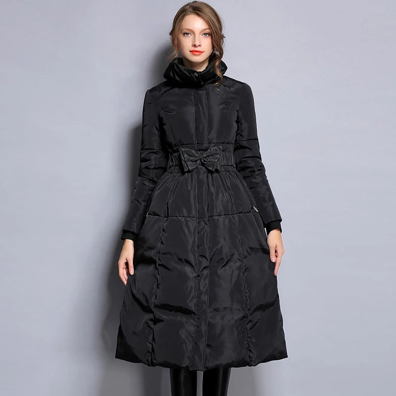 YNZZU New Winter Collection Plus Size Women Warm Down Coat Elegant Black Waist Bow Female Extra ...