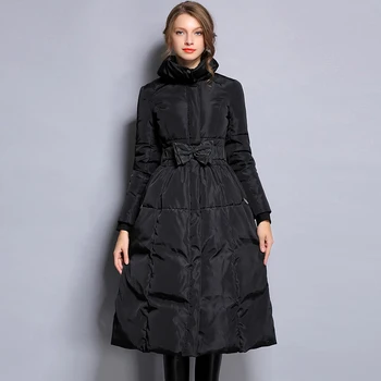 

YNZZU New Winter Collection Plus Size Women Warm Down Coat Elegant Black Waist Bow Female Extra Long Slim Jackets Windproof O042