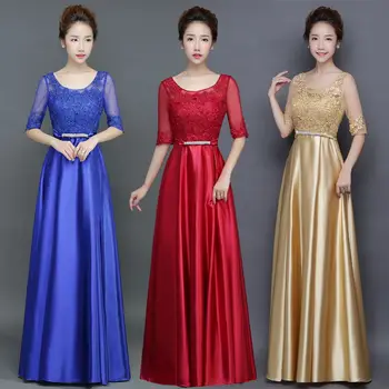 

Vestido para boda2019 new Scoop neck lace satin Half sleeve A Line burgundy royal blue gold bridesmaid dresses long