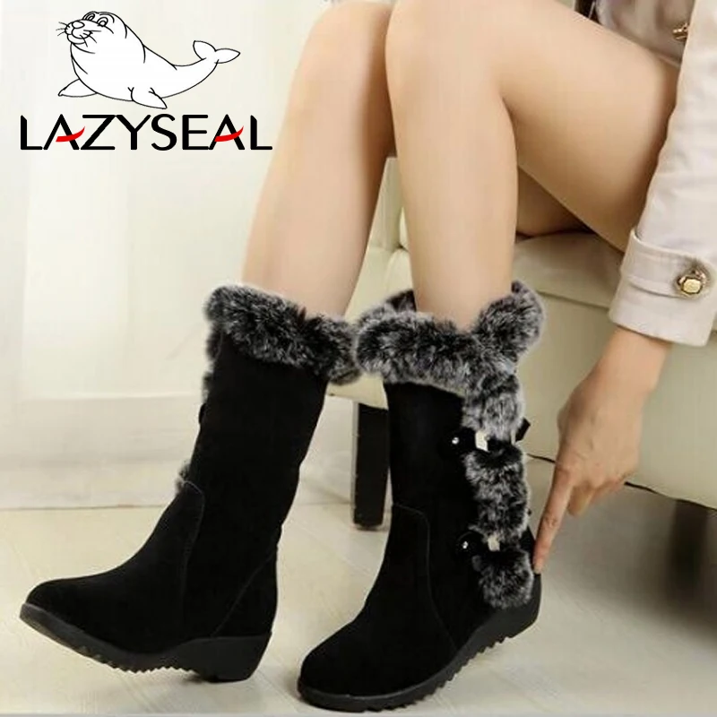 LazySeal/зимние ботинки размера плюс женские ботинки с искусственным мехом зимняя обувь на низком каблуке повседневные женские ботинки средней длины до голени на платформе, большие размеры