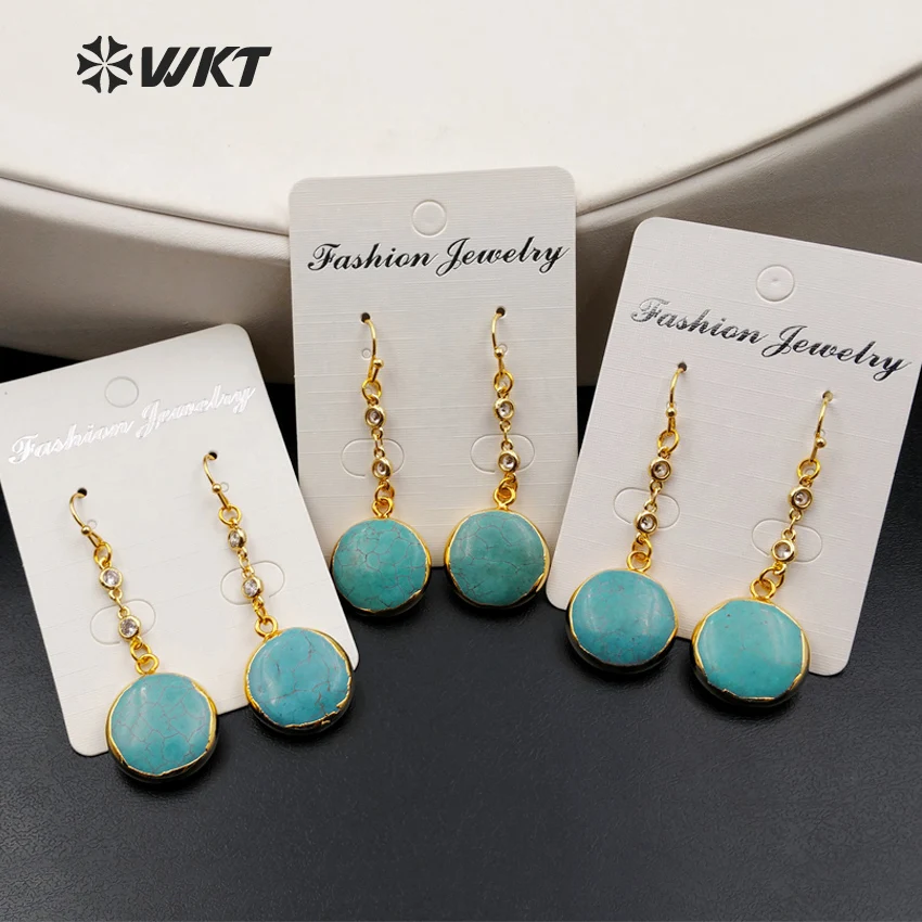 

WT-E356 Wholesale fashion jewelry natural green howlite earrings with 24K gold trim circular shape earrings jewelry for women