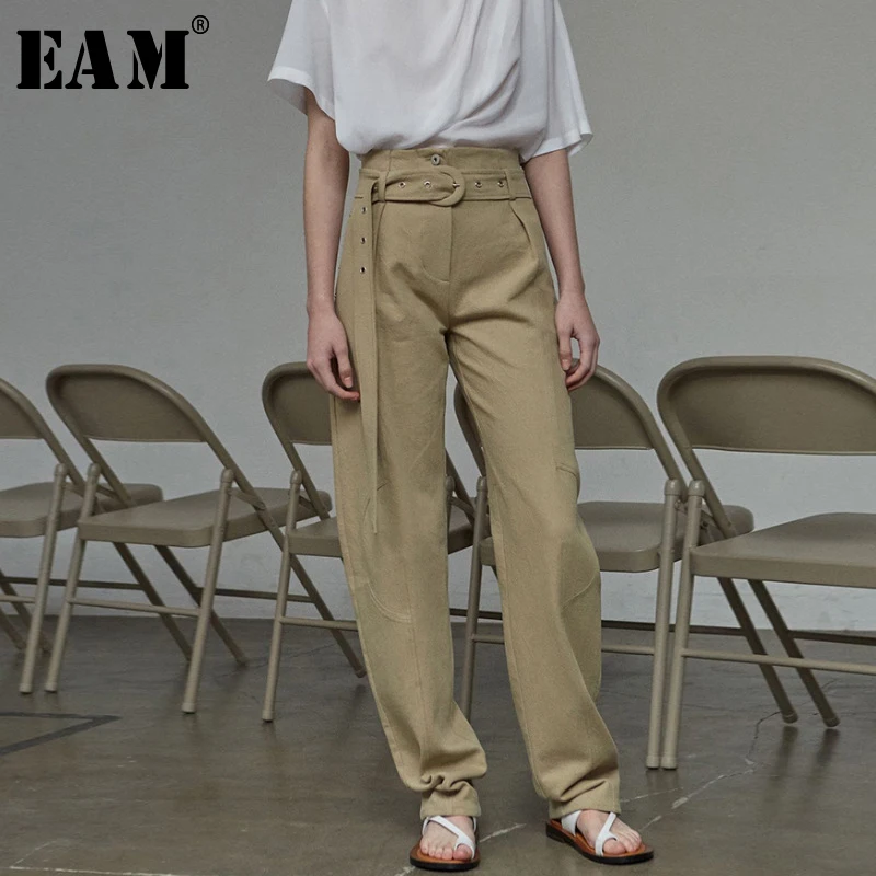 

[EAM] 2019 New Autumn Winter High Waist Bandage Belt Brief Loose Long Wide Leg Long Pants Women Trousers Fashion Tide JX715