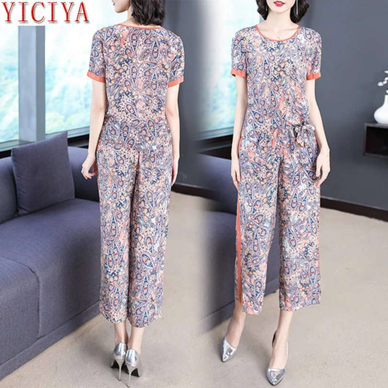 

YICIYA 2019 Summer 2 Two Piece Outfits Tracksuits for Women Silk Wide Pants Suits and Top Plus Size Large Co-ord Set Striped