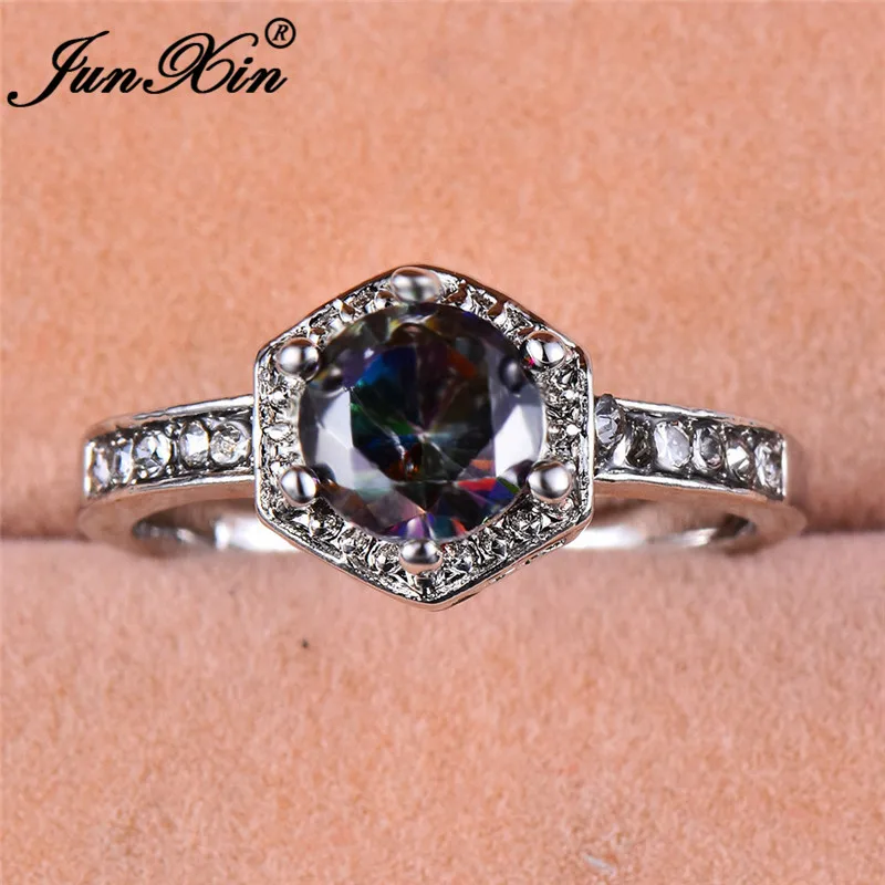 JUNXIN Mystic Fire Hexagon Rings For Women 925 Silver Filled Rainbow Birthstone Thin Ring Female Crystal Wedding Bands Boho Ring