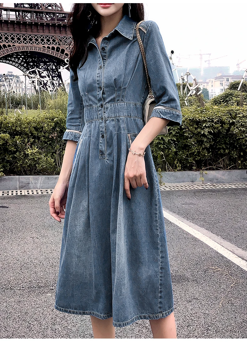 Новое осеннее платье высокого качества женское джинсовое платье с отложным воротником и рукавом три четверти длинное платье