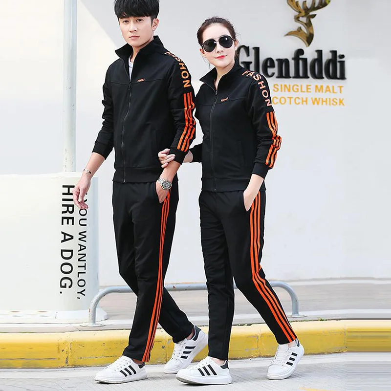 

2019 New Korean version Men and women couples casual suits Sports youth outdoor suits New Stripe splicing sportswear cc491