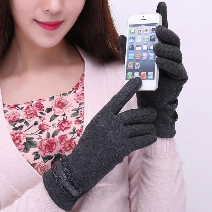 Зимние перчатки, кружевные осенне-зимние теплые перчатки с бантиком, Женские теплые митенки Eldiven, Женские перчатки#10 - Цвет: Gray