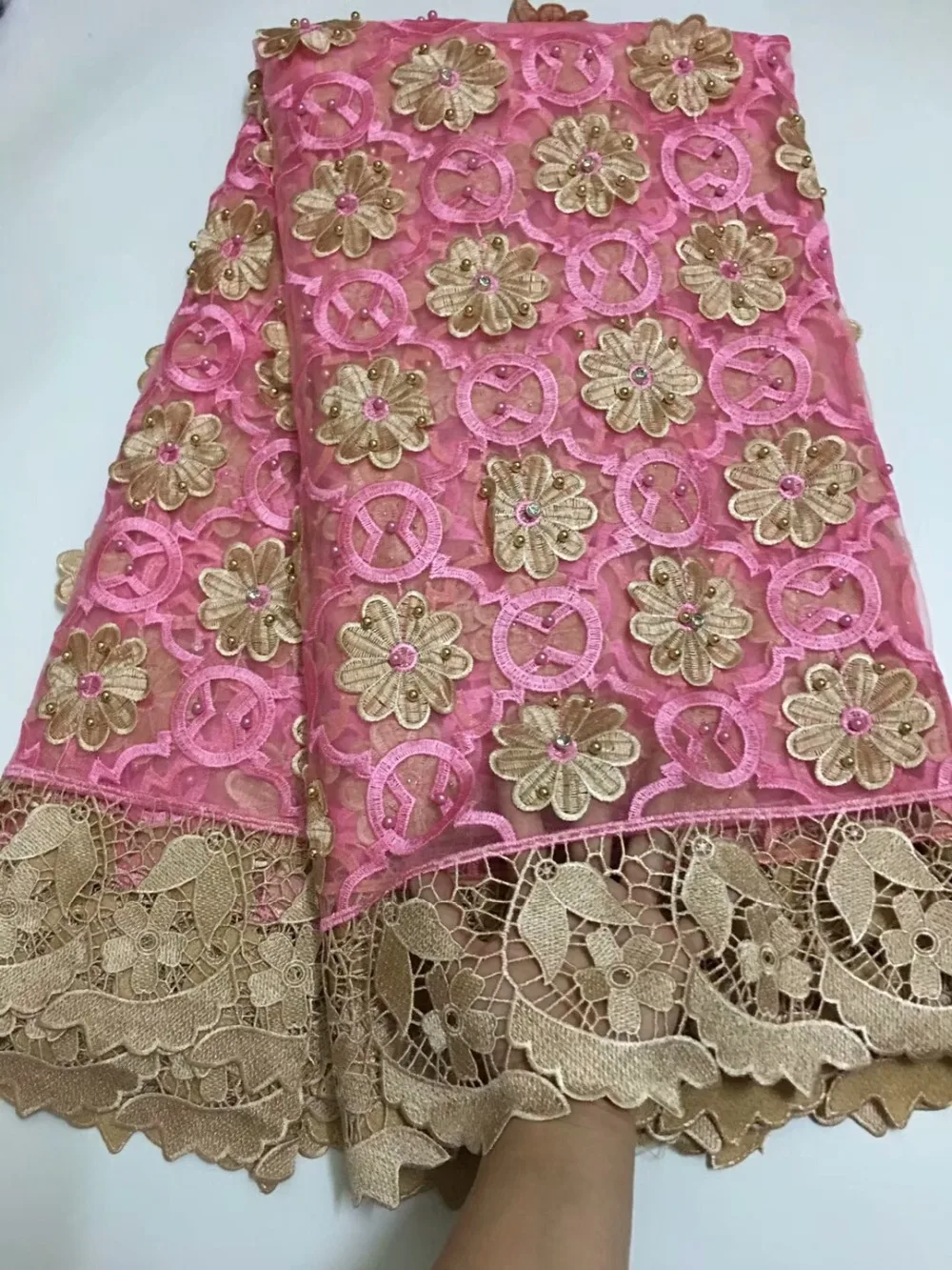 

Newcoming beaded lace fabric high quality african net tulle lace fabric with diamonds embroidered guipure lace fabric ellam251