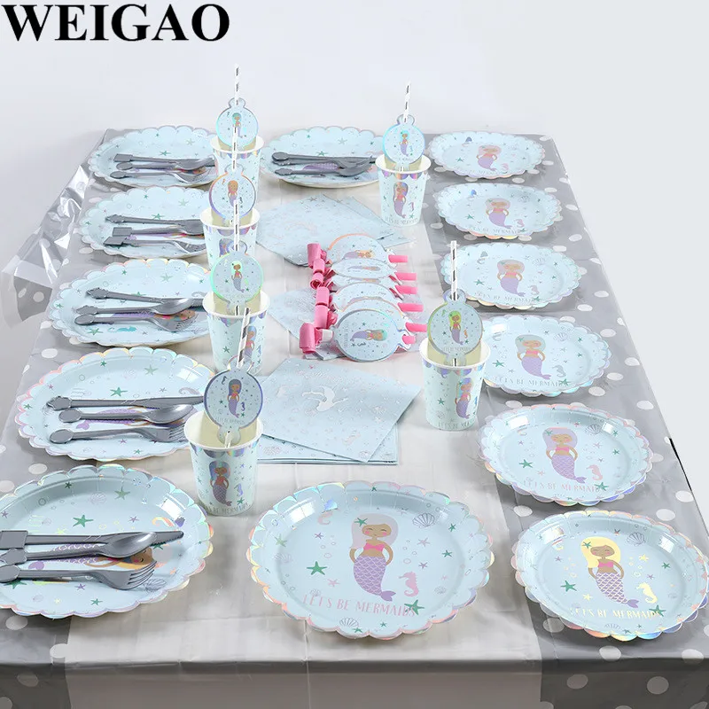 

WEIGAO Mermaid Theme Birthday Party Disposable Tableware Kits Paper Plate Cup Napkins Tablecloth Baby Shower Girl First Birthday