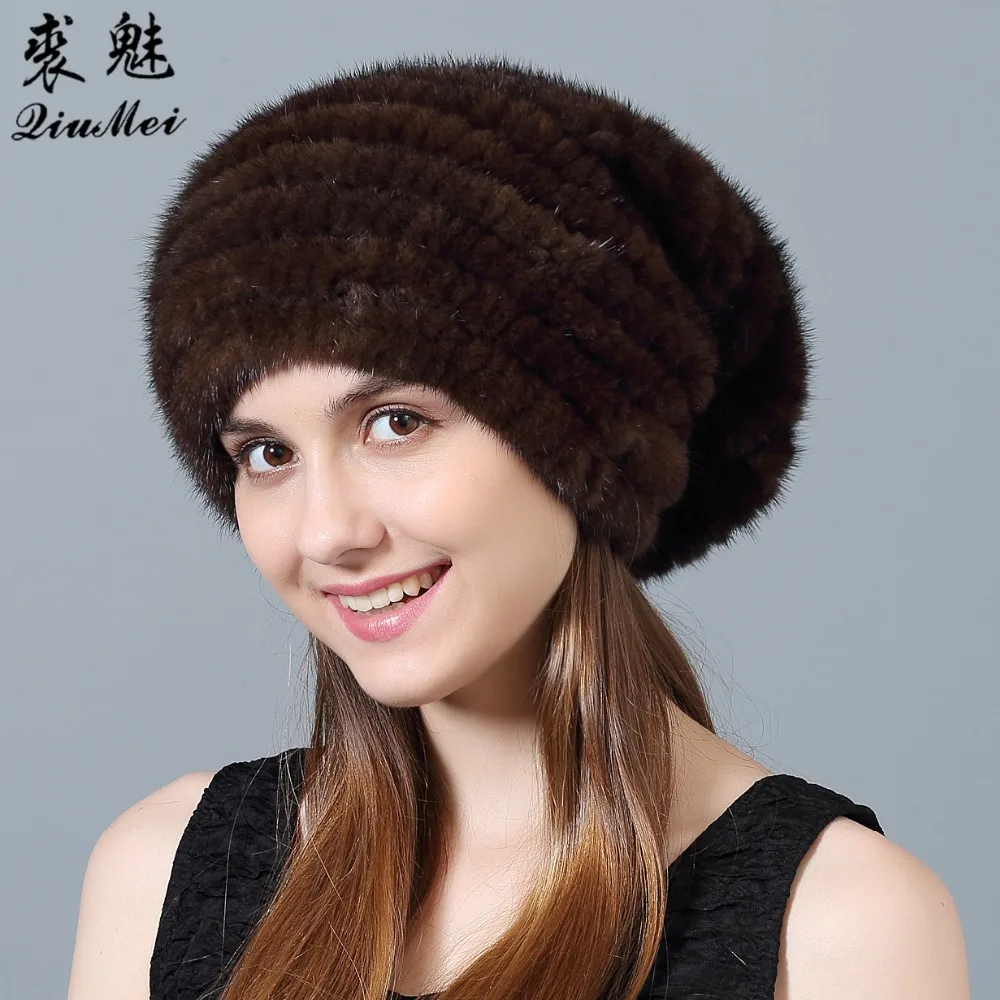 Beste Nerts Bontmuts Winter voor vrouwen Echt Bont Warme Cap Echt Bont Emmer Vorm Hoed Natuurlijke Breien Bont Hoeden casual Bonnet Femme