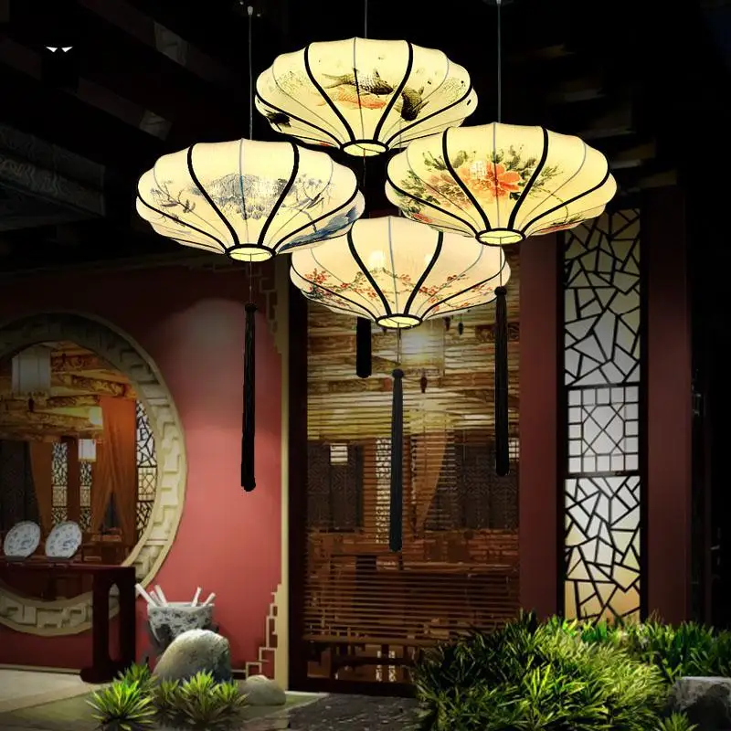 Hand Painting Round Iron Fabric Lantern Shade Pendant Light Fixture