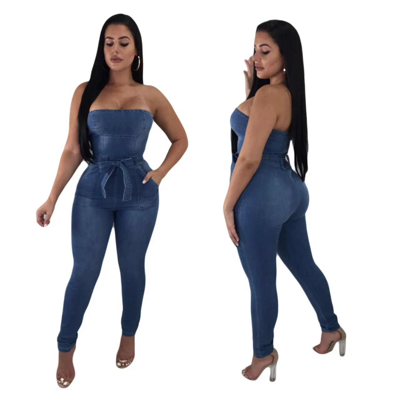 Denim Long Jumpsuit Women Casual Tight High Waist Stretch Bandage Bodysuit Plus Size Off Shoulder Jumpsuit Womens Playsuits