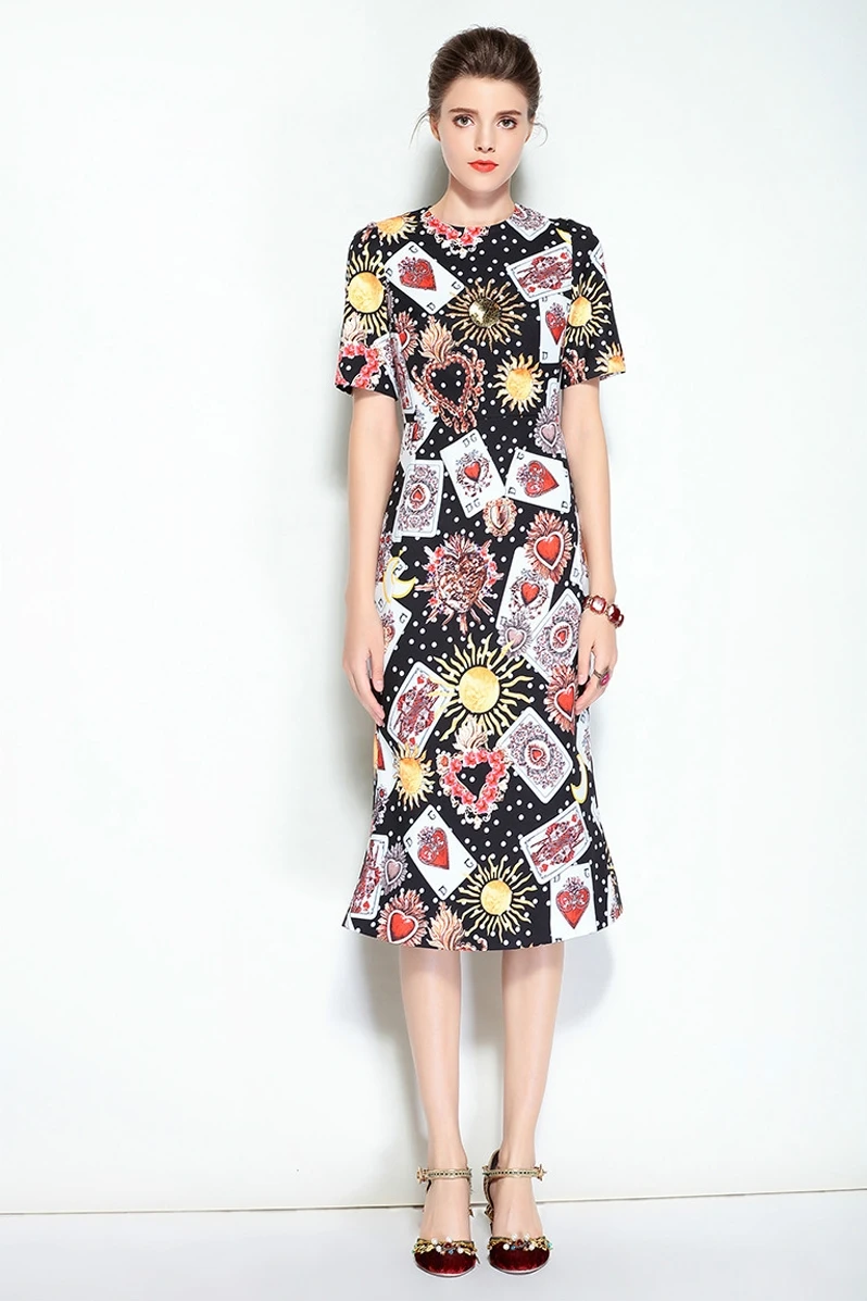 Customized Designer Runway Spring Summer Short Sleeves Dress Women's Elegant Printing Playing Cards Mid-Calf Dresses Vestito