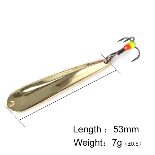 FTK ложка, приманка для подледной рыбалки, 5 г/7 г/11 г, 43 мм/53 мм/63 мм, металлическая приманка, Спиннер, наживка Тройной крюк, жесткие приманки - Цвет: Gold 7g
