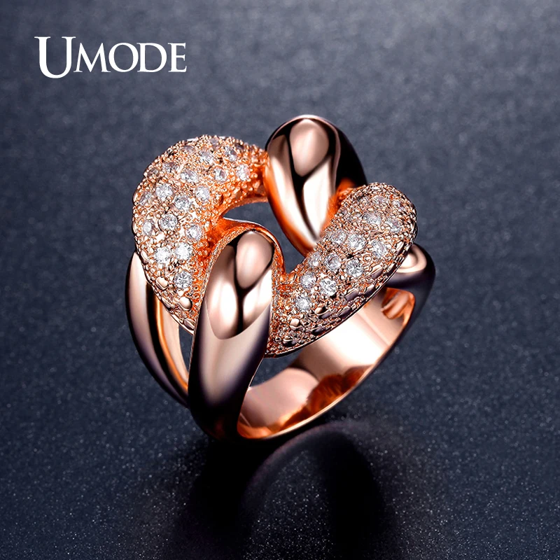 

UMODE Punk Design Knot Shaped Micro simulated CZ Stone Paved Cocktail Ring Rose Gold Color Jewelry for Women Aneis Bijoux UR0341