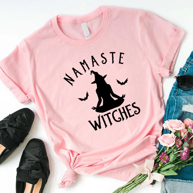Namaste ведьмы Графические футболки для женщин Хэллоуин футболка медитировать смешные футболки уличная хипстерские футболки хлопковые топы для девочек Прямая поставка - Цвет: Розовый